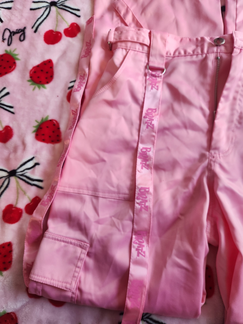 Dolls Kill Pink Wide Leg Cargo Jumpsuit Pants with Straps - Picture 2 of 8